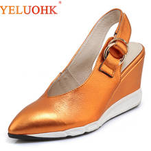 Genuine Leather Women Shoes Heels Spring Women Pumps 2018 High Quality High Heels 8 CM Wedges Shoes Slingbacks 2024 - buy cheap