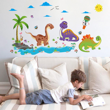 Наклейки на стену в виде динозавра для детской комнаты, съемные милые Мультяшные наклейки на стену для детской комнаты, клейкие школьные игрушки 2024 - купить недорого