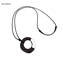 Banny Pink Big Wood Pendant Necklace For Women Large Circle Alloy Inset Wooden Dangle Necklace Black Rope Chain Sweater Necklace 2024 - buy cheap