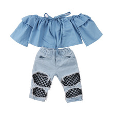 Toddler Infant Kids Baby Girls Clothes Set Off Shoulder Tops Fashion Net Denim Holes Pants Hole Jeans Kids Baby Gilrs Outfit Set 2024 - buy cheap