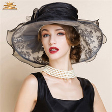 Summer Ladies Fedoras Hat Female Orgenza Sun Cap Elegant Linen Hats Noble Banquet Big Brim Veil Hat with Bowknot Cap B-8198 2024 - buy cheap