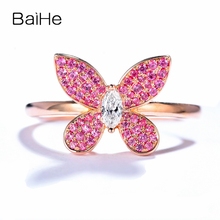 BAIHE Solid 14K Rose Gold H/SI Total 0.34ct Natural Diamond Pink Sapphires Women Trendy Jewelry Beautiful butterfly Gift Ring 2024 - buy cheap