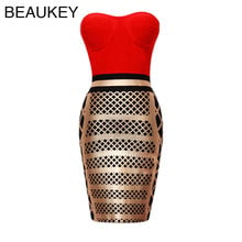 Red And Gold Print Strapless  2015 Summer New Sexy Women Bodycon Foil Print Dress 2024 - buy cheap