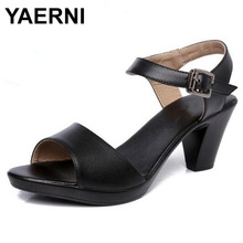 YAERNINew Open Toe Cowhide Leather Sandals Women Shoes High Heel Sandals Elegant Fashion Casual Shoes Women Sandals PlusSizeE904 2024 - buy cheap