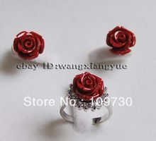 Jewelry 00242 Charming!12MM Hand Carved Red Coral Flower Earrings /Ring Set 2024 - buy cheap