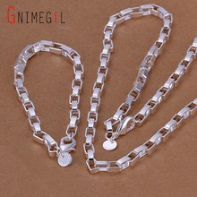 GNIMEGIL 925 Stamped Silver Plated Box Chain Necklace+Bracelet Jewelry Set Men's Long Necklace Vintage Hiphop Wholesale Jewelry 2024 - buy cheap
