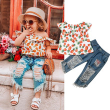 1-6 anos de bebê meninas roupas conjunto sem mangas abacaxi impressão camisa meninas topos retalhados buraco jeans meninas conjunto infantil criança roupa 2024 - compre barato