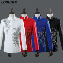 Male Chinese Tunic Suit Applique Sequins Crystals Blazers Stand Collar Men's Suits Choral Dress Wedding Host Singer Chorus Dress 2024 - buy cheap