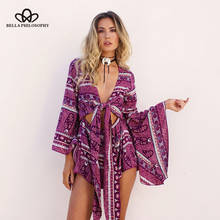 Bella Philosophy summer viscose cotton purple blue bohemian print women rompers lace up v neck shorts set loose casual playsuits 2024 - buy cheap