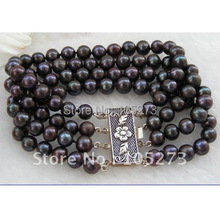 Stunning 4Rows AA 7-8MM Black Round Freshwater Pearl Bracelet 8inch Fashion Pearl Jewelry S925 Silvers Clasp New Free Shipping 2024 - buy cheap