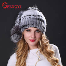 Russian Woman Real Fur Hat Thicken Knitted Natural Fur Headwear Winter Genuine Rex Rabbit Fur With Silver Fox Fur Pompom Caps 2024 - buy cheap