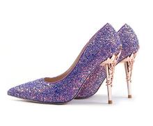 Zapatos de tacón alto de flores para mujer, stilettos con lentejuelas moradas, brillantes, puntiagudas, elegantes, para fiesta, color morado 2024 - compra barato