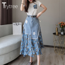 Trytree Summer Women two piece set Casual O-Neck Tops + Skirt Demin Patchwork Print Hem Belt Pocket Suit Office Lady 2 Piece Set 2024 - buy cheap