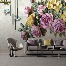 Beibehang-papel tapiz personalizado para pared mural europeo 3D en relieve, rosa, flor, pájaro, pintura decorativa, papel pintado 2024 - compra barato