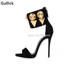 Luxury Gold Rivets Embellished Ring Ankle Strap Women Sandals Sexy Europe Style Black Suede Open Toe Gladiator Heel Party Shoes 2024 - buy cheap