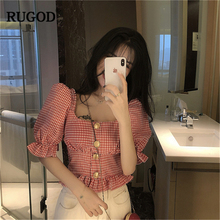 RUGOD 2019 New Arrival Women Plaid Shirt Square Collar Puff Half Sleeves Elastic Pleated Blouse Sweet Slim Sexy Mujer Blusas 2024 - buy cheap