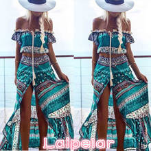 Boho Print Summer Women Sexy Tracksuit Two Piece Set Slash neck Ruffles Crop Tops+Split Long Skirts Beach Maxi Skirts Suit W2112 2024 - buy cheap