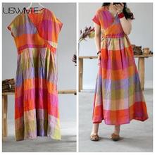 2020 Summer Dress Literature Colorful Long Dress Big Swing V-neck Butterfly Sleeve High Waist Color Matching Vestidos 2024 - buy cheap