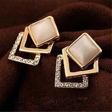 2016 New Style Korean Temperament OL Fashion Sparking Rhinestone 18KGP Geometry Square Opal Stud Earrings 8ED180 2024 - buy cheap