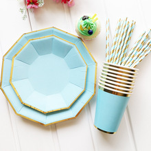 Gold Blocking Pure Sky Blue Color Disposable Tableware Set Paper Plates Cups Straws Party Christmas Carnival Tableware Supplies 2024 - buy cheap
