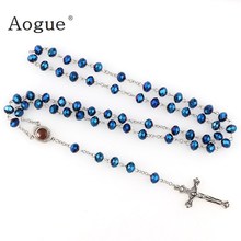 6x8mm Dark Deep Blue Crystal Beads Rosary Catholic Necklace With Holy Soil Medal  Crucifix Prayer Religious Jewelry 2024 - buy cheap