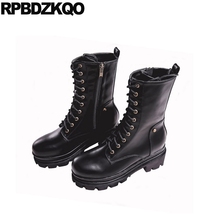 Chunky Tendência Outono Amarrar Militares Preto Novo Sapatos Inverno Combate Pele Vintage Moda Meados De Bezerro Toe Redondo Zip Lateral Chuteiras Mulheres Novas Chineses Damas 2024 - compre barato