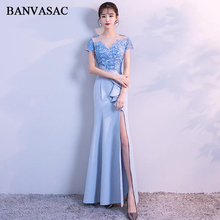 BANVASAC Illusion O Neck Split 2018 Lace Appliques Mermaid Long Evening Dresses Party Sequined Backless Prom Gowns 2024 - buy cheap
