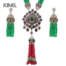 Kinel индийские ювелирные наборы из натурального камня красные и зеленые кристаллы циркона антикварный золотой цвет увеличенное ожерелье серьги для женщин 2024 - купить недорого