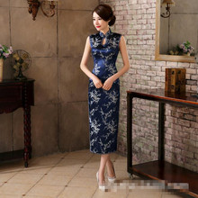 Navy Blue Flowers Ladies Sexy Long Qipao Chinese Style Satin Cheongsam Classic Sexy Evening Dress Size S M L XL XXL XXXL NC042 2024 - buy cheap