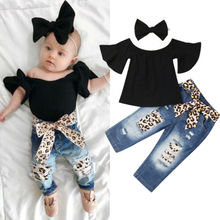 Citgeett Summer 3PCS Toddler Baby Girls Off-Shoulder Tops T-Shirt Leopard jeans Pants Summer Fashion Set 2024 - buy cheap