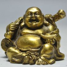 Elaborate Chinese Buddhism Brass Happy Laughing Maitreya Buddha Holding Money Auspicious Statue 2024 - buy cheap