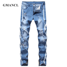 GMANCL Fashion New knee Ripped Hip Hop Men Distressed Skinny biker Jeans Streetwear Side stripe Men motorcycle  Denim pants 2024 - buy cheap