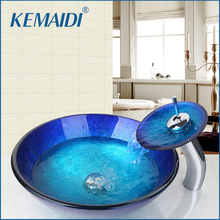 KEMAIDI Tempered Glass Hand Painted Waterfall Spout Basin Tap Bathroom Sink Washbasin Bath Brass Set Faucet Mixer Taps 2024 - buy cheap