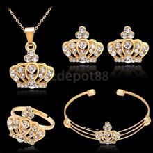 Women Wedding Party Glaring Crown Crystal Rhinestone Necklace Bracelet Ring Earrings Set gold color 2024 - buy cheap