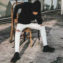 Мужские с дырками, зауженные джинсы белые изящные джинсы из хлопчатобумажной ткани новые модные мужские брюки-карандаш черные обтягивающие мужские джинсы узкие джинсы 2024 - купить недорого