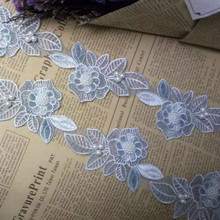 2 yards Light Blue Pearl Flower Leaf Handmade Beaded Embroidered Lace Edge Trim Ribbon Applique Wedding Dress Sewing Craft DIY 2024 - buy cheap
