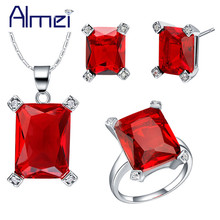 Almei 40% African Beads Silver Color Jewelry Sets Red Ring/Necklace/Earring Set Square Stone Wedding Women Jewelery Bridal T473 2024 - buy cheap
