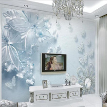 Custom wallpaper pure beautiful blue transparent flowers butterfly 3d TV background wall decorative painting waterproof material 2024 - buy cheap