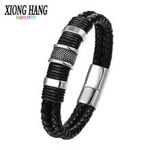 Xionghang 2018 Fashion Black Braid Woven Leather Bracelet Titanium Stainless Steel Bracelet Men Bangle Men Jewelry Vintage Gift 2024 - buy cheap