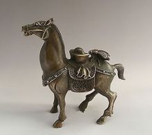 Colección chino estilo lingote de oro y caballo antigua estatua de cobre altura 14,5 cm decoración de jardín 100% latón real de bronce 2024 - compra barato