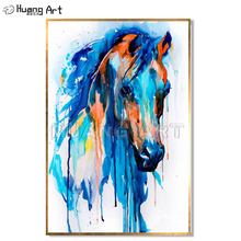 Artista pintados à Mão-de Cor Azul Brilhante Cabeça de Cavalo Pintura A Óleo Arte Moderna Na Lona Para Decoração Abstrato Pintura Do Cavalo 2024 - compre barato