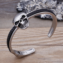 Stainless steel skull jewelry  punk woven leather bracelet men's bracelet 2024 - buy cheap