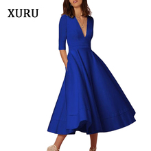 XURU spring women's large size stitching dress ladies sexy deep V-neck half sleeve party dress dress retro casual dress 2024 - buy cheap