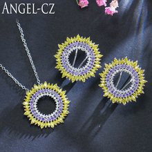 Angcz conjuntos de joias da moda, cristal roxo com pedras de zircônia cúbica amarelas, colar de pingente redondo e brincos conjunto aj097 2024 - compre barato