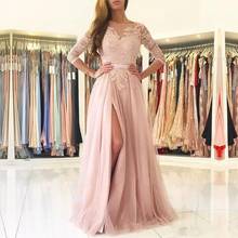 Pink Evening Dresses A-line 3/4 Sleeves Tulle Appliques Lace Slit Sexy Islamic Dubai Kaftan Saudi Arabic Long Evening Gown 2024 - buy cheap