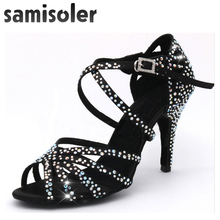 Samisoler-zapatos de baile latino para mujer, calzado de satén negro para tango, jazz, Salsa, con diamantes de imitación, zapatos de baile de salón, Hig 2024 - compra barato