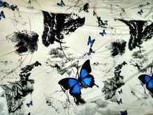 Telas de satén de seda 100% de alta calidad con estampado de flores y mariposas azules para camisa de vestir, bufanda de tela, tela elástica crepé 2024 - compra barato