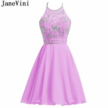 Janeini 2018 vestidos curtos de dama de honra, com cristal frisado e uma linha, vestidos formais de chiffon frente única para meninas 2024 - compre barato