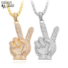 Hip hop Victory gesture Rhinestone Paved Hand Pendant Necklace Gold Silver Color Crystal Trendy Neckalces For Women Men gifts 2024 - buy cheap