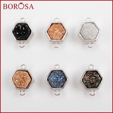 BOROSA  Hexagon Drusy Silver Color Bezel Natural Druzy Titanium Rainbow Drusy Connectors Double Charms for Jewelry DIY ZS0138 2024 - buy cheap